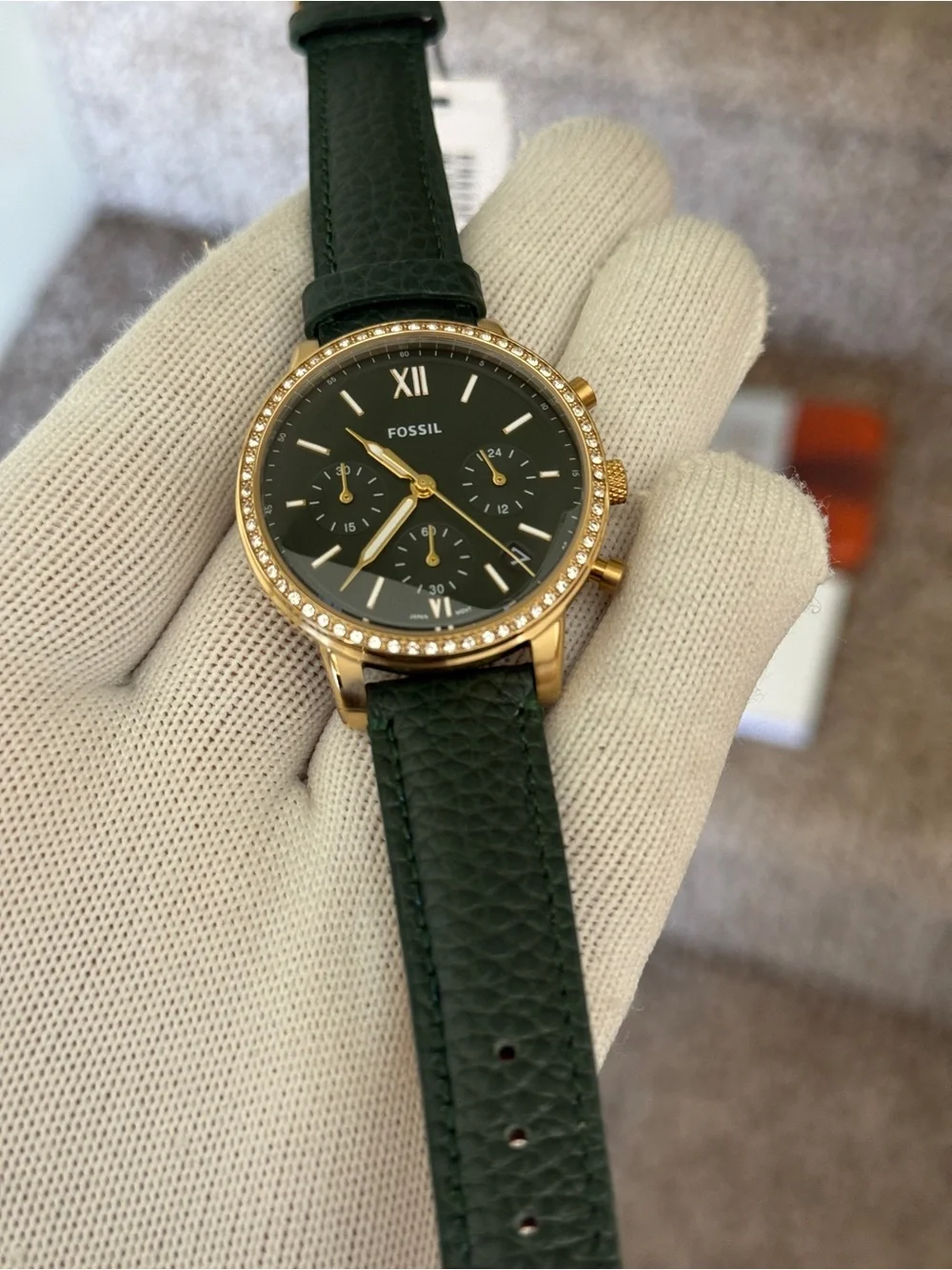 Fossil Dark Green Neutra Leather Strap Gold Crystal Bezel Chronograph Womens